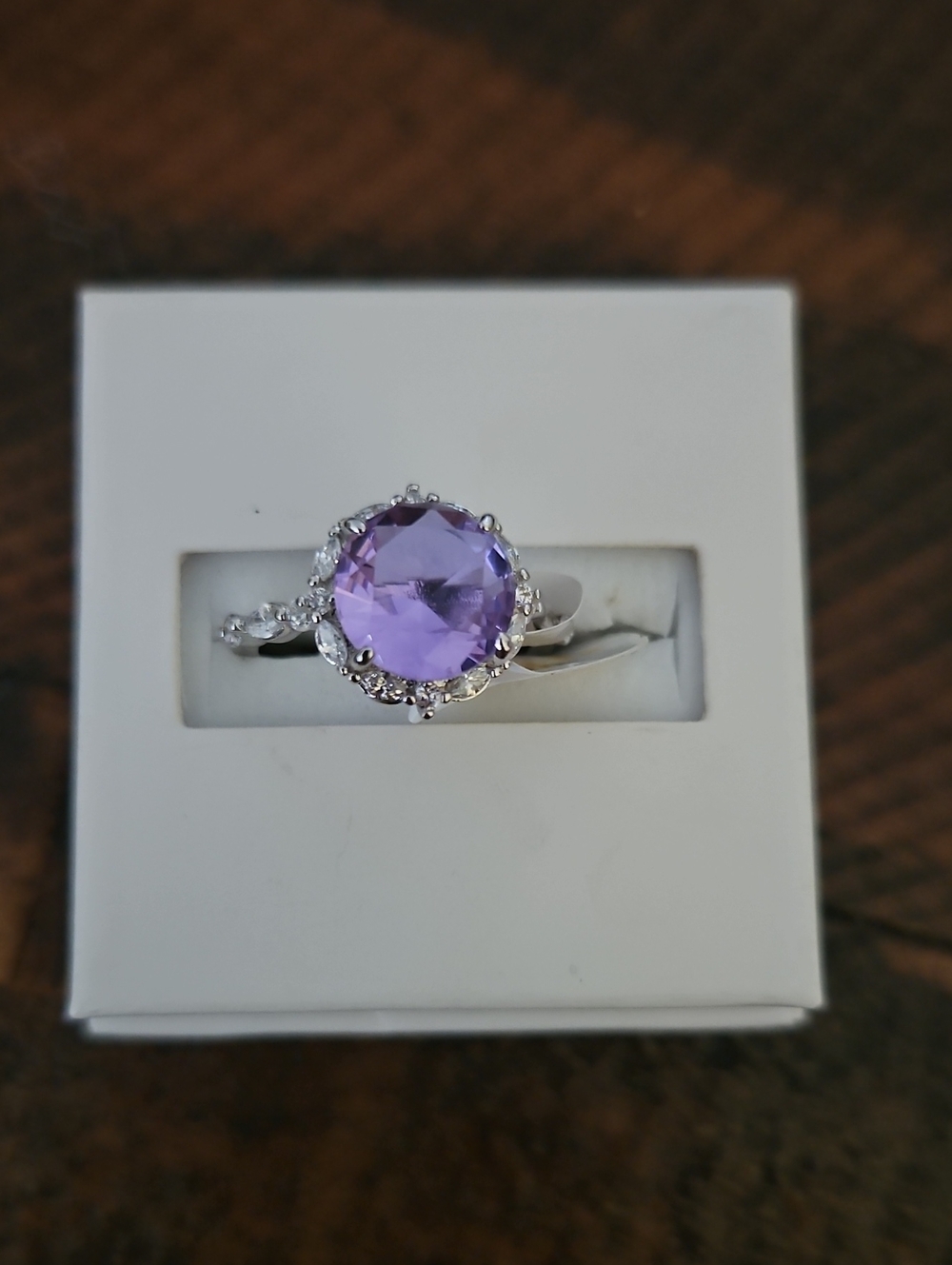 Rhodium Plate Ring with Lab created light Amethyst Gemstone and Accent Stones